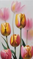 ai generiert Foto von abstrakt Blumen- Öl Gemälde Gold und Rosa Tulpe auf Weiß Hintergrund. ai generiert