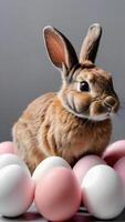 ai generiert Foto von ein Hase Sitzung im Vorderseite von ein Stapel von Rosa und Weiß Eier im Vorderseite von ein grau und Weiß Hintergrund. ai generiert