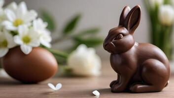 ai generiert Foto von ein Schokolade Hase Figur Sitzung Nächster zu ein Ostern Ei auf ein Tabelle mit Weiß Blumen im das Hintergrund. ai generiert