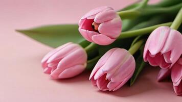 ai generiert Foto von schön Bündel von Rosa Tulpen Blumen auf anständig Pastell- Rose Hintergrund das Hintergrund bietet an viele von Raum Text. ai generiert