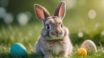 ai generiert Foto von ein klein heiter Ostern Hase sitzt auf ein Grün Wiese mit Ostern Eier. ai generiert