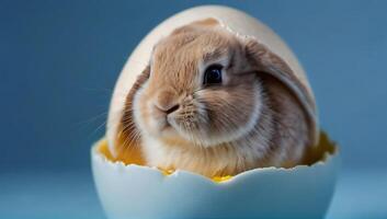 ai generiert Foto von Baby Hase im ein Ei auf Blau Hintergrund. ai generiert