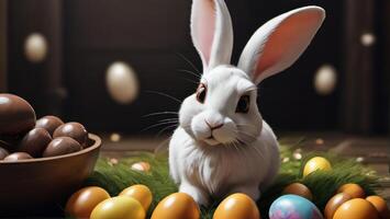 ai generiert Foto von Ostern Hase mit Schokolade Eier im das Europäische Sommerzeit. ai generiert