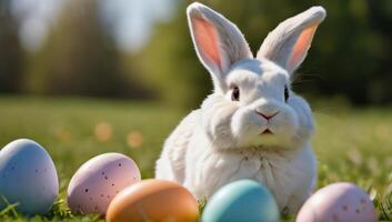 ai generiert Foto von flauschige Ostern Hase unter gemalt Eier auf sonnig Feld. ai generiert