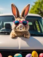 ai generiert Foto von süß Ostern Hase mit Sonnenbrille suchen aus von ein Auto abgelegt mit Ostern Eier. ai generiert