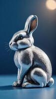 ai generiert Foto von ein glänzend Silber Hase Hase Figur Sitzung auf ein Blau Oberfläche mit es ist Kopf gedreht Weg von das Kamera. ai generiert