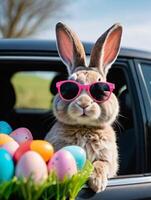 ai generiert Foto von süß Ostern Hase mit Sonnenbrille suchen aus von ein Auto abgelegt mit Ostern Eier. ai generiert