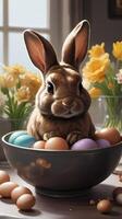 ai generiert Foto von ein braun Hase Sitzung im ein Schüssel gefüllt mit Eier auf oben von ein Tabelle Nächster zu ein Bündel von Blumen. ai generiert