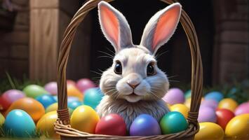ai generiert Foto von Ostern Hase mit ein Korb von Ostern Eier heilig Urlaub von Ostern Bild. ai generiert