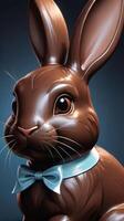 ai generiert Foto von ein Nahansicht von ein Schokolade Ostern Hase mit ein Schleife. ai generiert