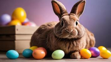 ai generiert Foto von Ostern Hase mit Schokolade Eier und Süßigkeiten im das Europäische Sommerzeit. ai generiert
