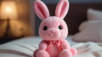 ai generiert Foto von Illustration von ein süß Rosa ausgestopft Hase auf ein gemütlich Bett Technologie. ai generiert