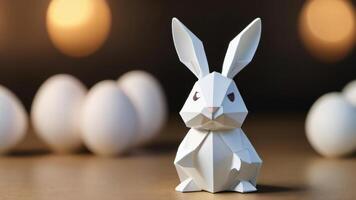 ai generiert Foto von aigeneriert Illustration von ein klein Weiß Origami Hase Nächster zu ein Ei. ai generiert