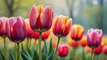 ai generiert Foto von Tulpe Blumen Aquarell Gemälde auf Segeltuch Frühling Landschaft. ai generiert