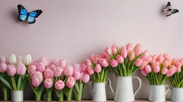 ai generiert Foto von Aquarell gezeichnet einstellen von schön Rosa und Weiß Tulpe Blumensträuße Blumen Schmetterlinge Bewässerung Büchsen Kranz Herz Dekoration. ai generiert