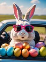 ai generiert Foto von süß Ostern Hase mit Sonnenbrille suchen aus von ein Auto abgelegt mit Ostern Eier. ai generiert