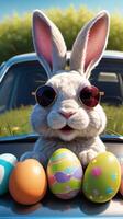 ai generiert Foto von süß Ostern Hase mit Sonnenbrille suchen aus von ein Auto abgelegt mit Ostern Eier. ai generiert