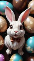 ai generiert Foto von Ostern Hase mit Schokolade Eier im das Europäische Sommerzeit. ai generiert