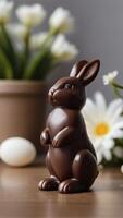 ai generiert Foto von ein Schokolade Hase Figur Sitzung Nächster zu ein Ostern Ei auf ein Tabelle mit Weiß Blumen im das Hintergrund. ai generiert