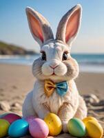 ai generiert Foto von Ostern Hase mit Ostern Eier auf das Strand. ai generiert