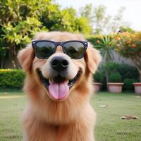 ai generiert ein golden. Retriever Sitzung im Die. Gras. Blütenblatt spielen. Schön, Frühling Banner Erfassen das Freude von a. Glücklich, Hund, ai generiert foto