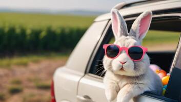 ai generiert Foto von süß Ostern Hase mit Sonnenbrille suchen aus von ein Auto abgelegt mit Ostern Eier. ai generiert