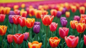 ai generiert Foto von Sfumato Öl Gemälde von bunt Blühen Tulpe Blume Feld Impressionismus. ai generiert