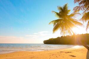 schöner tropischer sonnenuntergangstrand mit palme und blauem himmel für reisen in der urlaubsentspannungszeit, fotostilweinlese foto