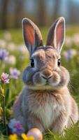 ai generiert Foto von süß Ostern Hase im ein magisch Wiese mit Frühling Blumen. ai generiert