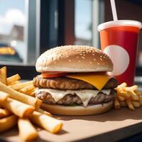 schnell Essen Burger, Fritten und trinken foto