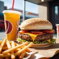 schnell Essen Burger, Fritten und trinken foto