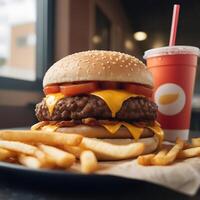 schnell Essen Burger, Fritten und trinken foto