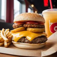 schnell Essen Burger, Fritten und trinken foto