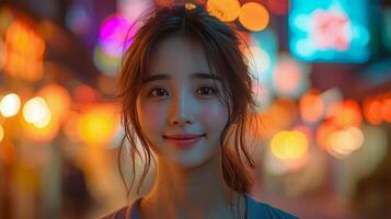 ai generiert Porträt von ein schön asiatisch Frau mit bunt Bokeh Hintergrund foto