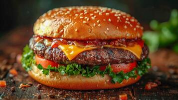 ai generiert köstlich hausgemacht Hamburger mit frisch Gemüse auf Weiß Tabelle Nahansicht foto