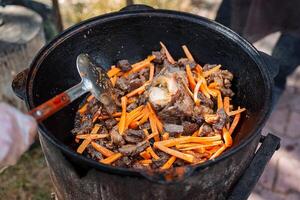 Fleisch und Gemüse sind bereit zum Pilaw. Kochen auf ein öffnen Feuer im ein Kessel. foto