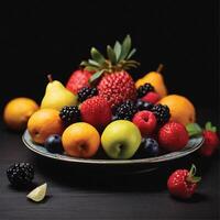 ai generiert frisch Früchte auf ein Teller schwarz Hintergrund foto