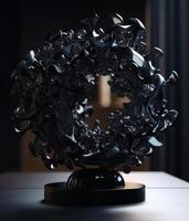 ai generiert abstrakt schwarz Metall Skulptur auf Tabelle foto