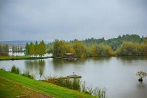 ein fein Aussicht von Herbst Landschaft mit Bäume und Fluss. Herbst Tag auf das Fluss Bank, wo peple sind ruhen im das Distanz. foto