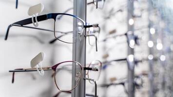 Brille Geschäft. Vitrine mit Brille im modern ophthalmisch speichern. foto