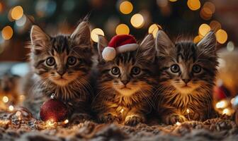 ai generiert drei süß Kätzchen im Santa Hut sitzen Nächster zu Weihnachten Baum mit Weihnachten Beleuchtung foto