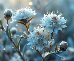 ai generiert ein Extrakt von das blühen Pflanze Coulonie. ein detailliert Aussicht von ein Blume präsentieren es ist zart Blütenblätter bedeckt im funkelnd Wasser Tröpfchen. foto