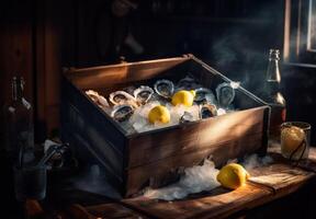 ai generiert Austern im alt hölzern Box mit Eis und Zitrone auf rustikal hölzern Tabelle foto