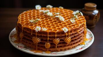 ai generiert ein köstlich Honig Kuchen mit kompliziert Dekorationen foto