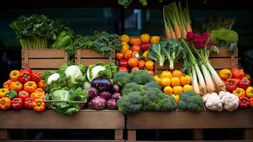 ai generiert ein Landwirte Markt Stall Anzeigen ein Reich Vielfalt von frisch produzieren foto