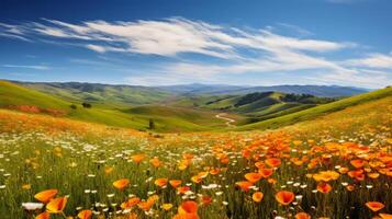 ai generiert rollen Hügel bedeckt im beschwingt, Blühen Wildblumen foto