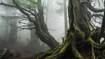 ai generiert ein neblig, uralt Wald mit knotig Baum Stämme foto