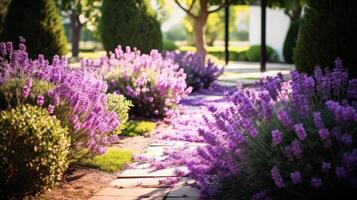 ai generiert ein Garten Pfad begrenzt durch Lavendel Gebüsch foto