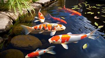 ai generiert ein Ruhe und still Zen Teich mit Koi Fisch Schwimmen foto