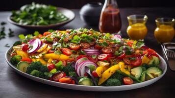 ai generiert ein beschwingt Salat mit ein mischen von bunt Gemüse und ein Nieselregen von Vinaigrette foto